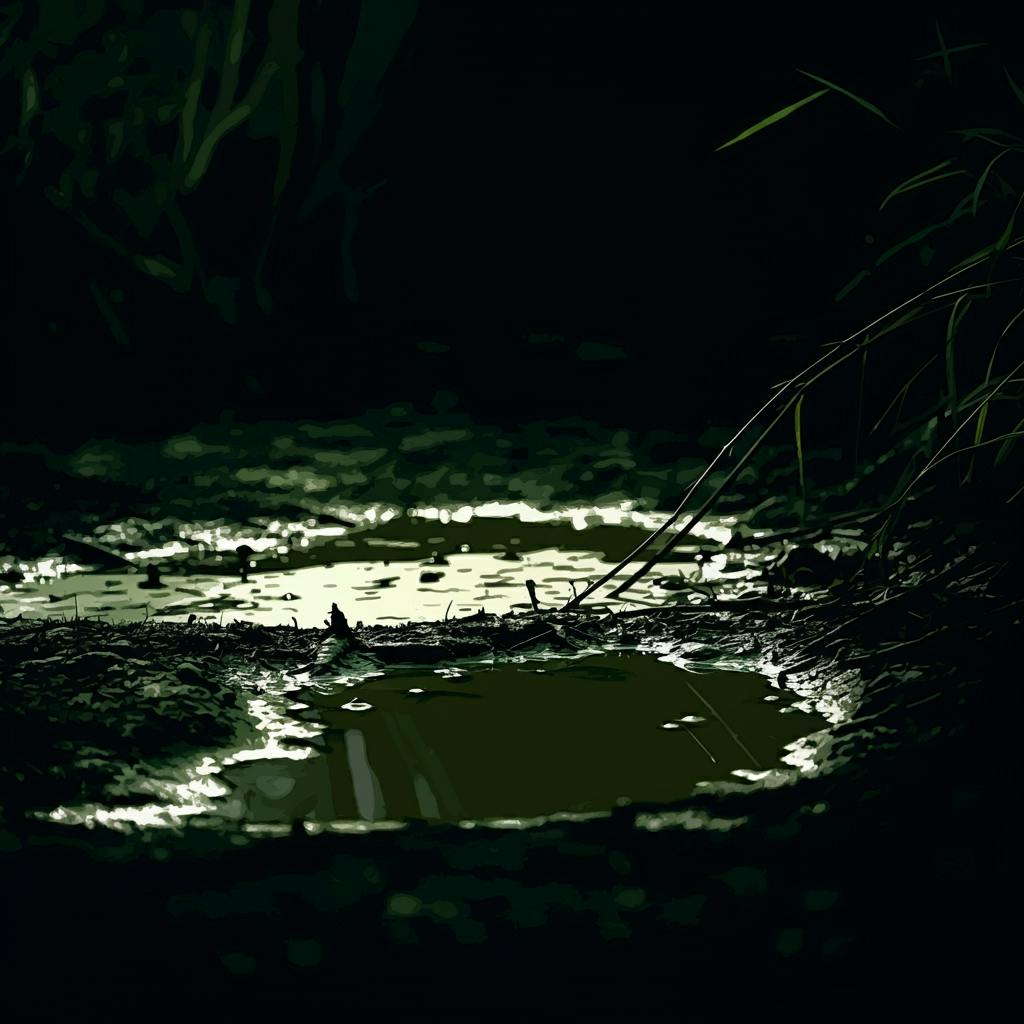 Close-up of a small, murky puddle on the ground, surrounded by damp soil and scattered blades of grass. The dark, shadowy environment gives the scene a moody, almost eerie atmosphere, with dim lighting reflecting off the surface of the water