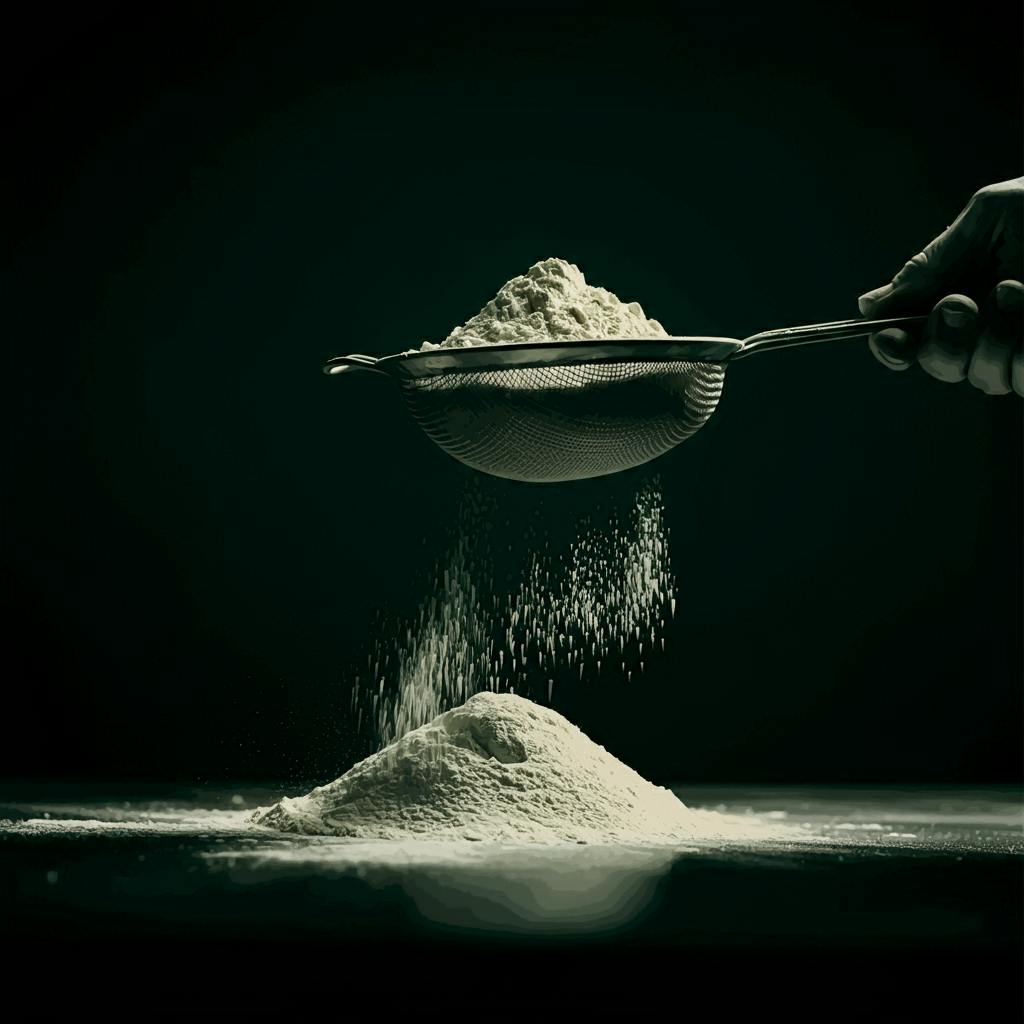 a close-up of a mound of flour being sifted through a sieve in a dark and moody kitchen