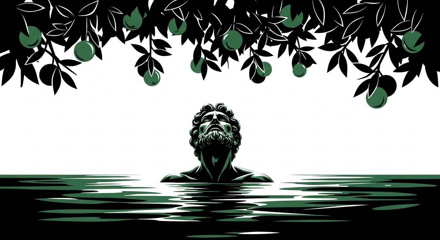 Graphic illustration in black, white, and green showing a bearded figure with curly hair submerged to his chest in water, gazing upward at fruit-bearing branches hanging overhead.