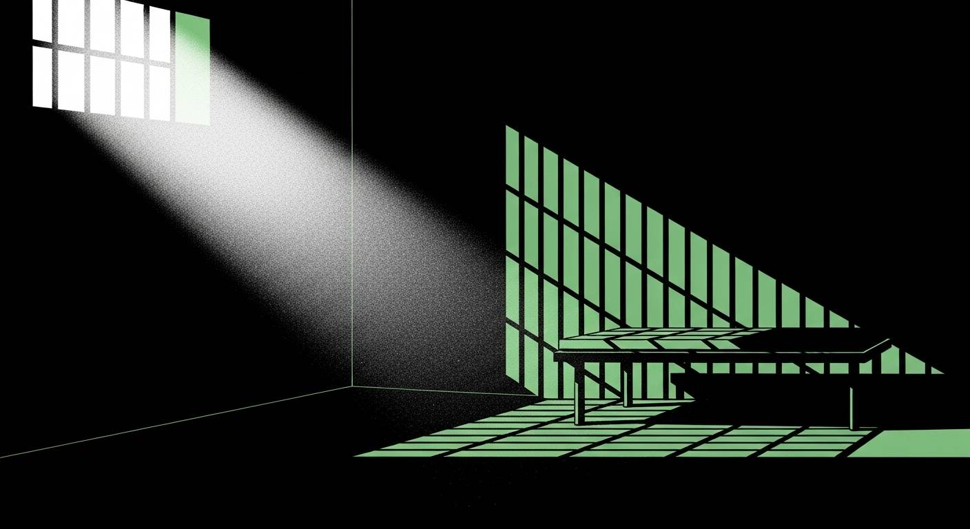 A stylized illustration of a dark prison cell interior. Light streams through a barred window on the left, casting long rectangular shadows across the floor and onto a simple bed with bars on the right. The scene uses high contrast with black surroundings