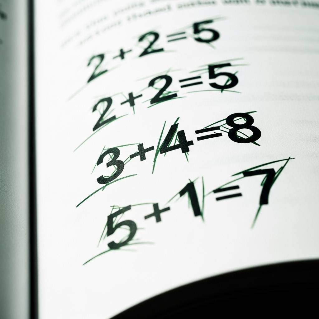A close-up of a book page showing handwritten-style arithmetic equations, several of which are incorrect, such as ‘2 + 2 = 5’ and ‘3 + 4 = 8,’ with rough marks and scratches emphasizing the errors.