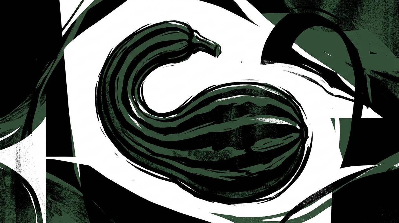 A dark green and black crookneck gourd with a long curving neck and ribbed body, set against a white background in a high-contrast, minimalist expressionist style.