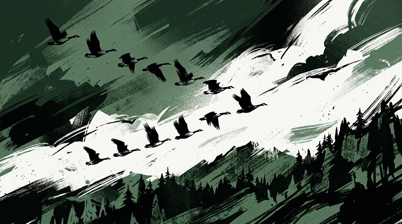 A stylized illustration of a flock of geese flying in formation over a forested mountain landscape, rendered in dark green and black brushstroke textures against a white sky. One goose leads clearly out in front of the formation.