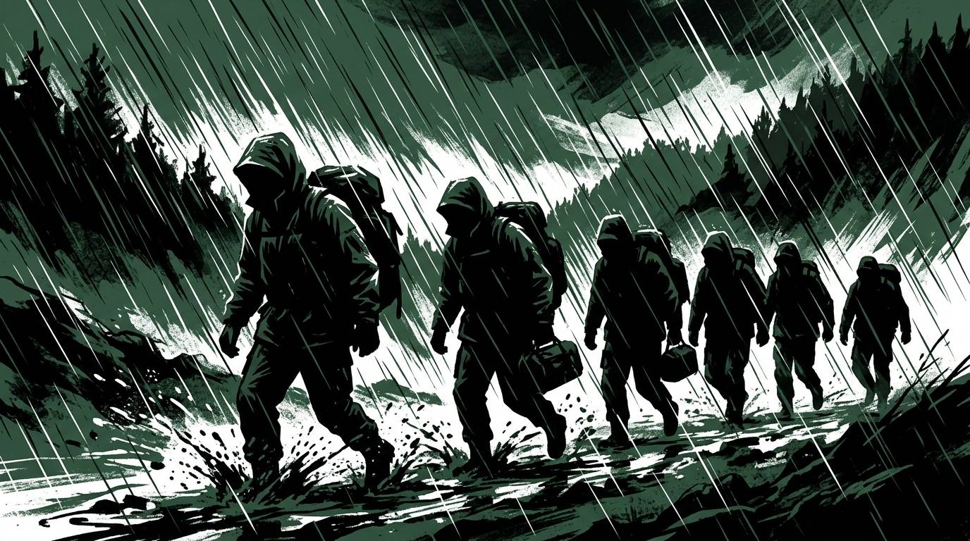 A graphic illustration of a hooded rescue team pushing forward through driving rain, rendered in high-contrast dark green, black, and white. The figures are silhouetted, faces hidden beneath rain hoods, moving in a line through a stormy landscape. Diagona