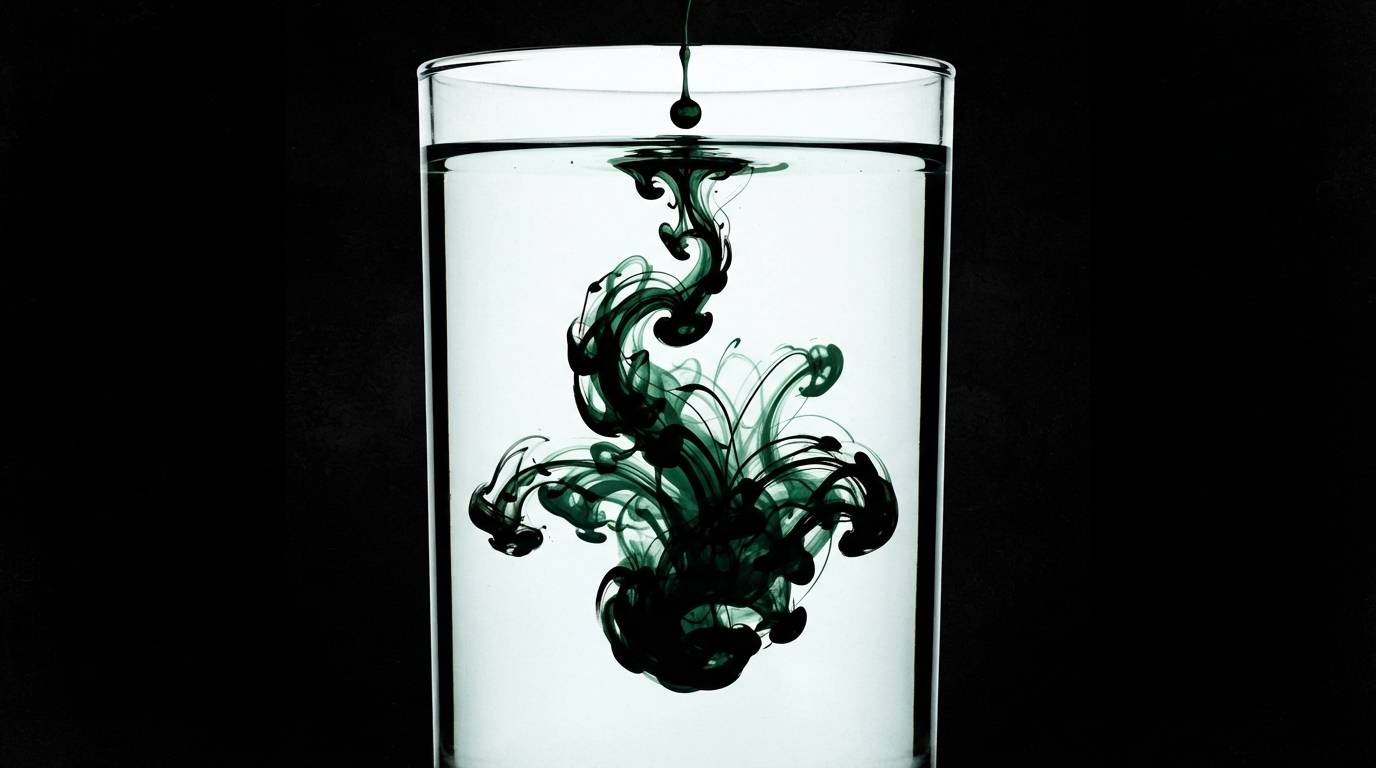 A tall glass of clear water against a black background, with a single drop of dark green ink falling from above and blooming into swirling, tendril-like clouds as it disperses through the water.