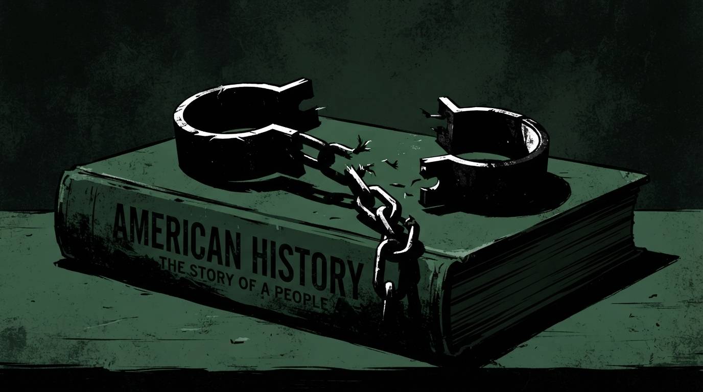 A pair of broken iron shackles rests atop a worn hardcover book titled 'American History: The Story of a People,' the chain between the cuffs snapped in two.